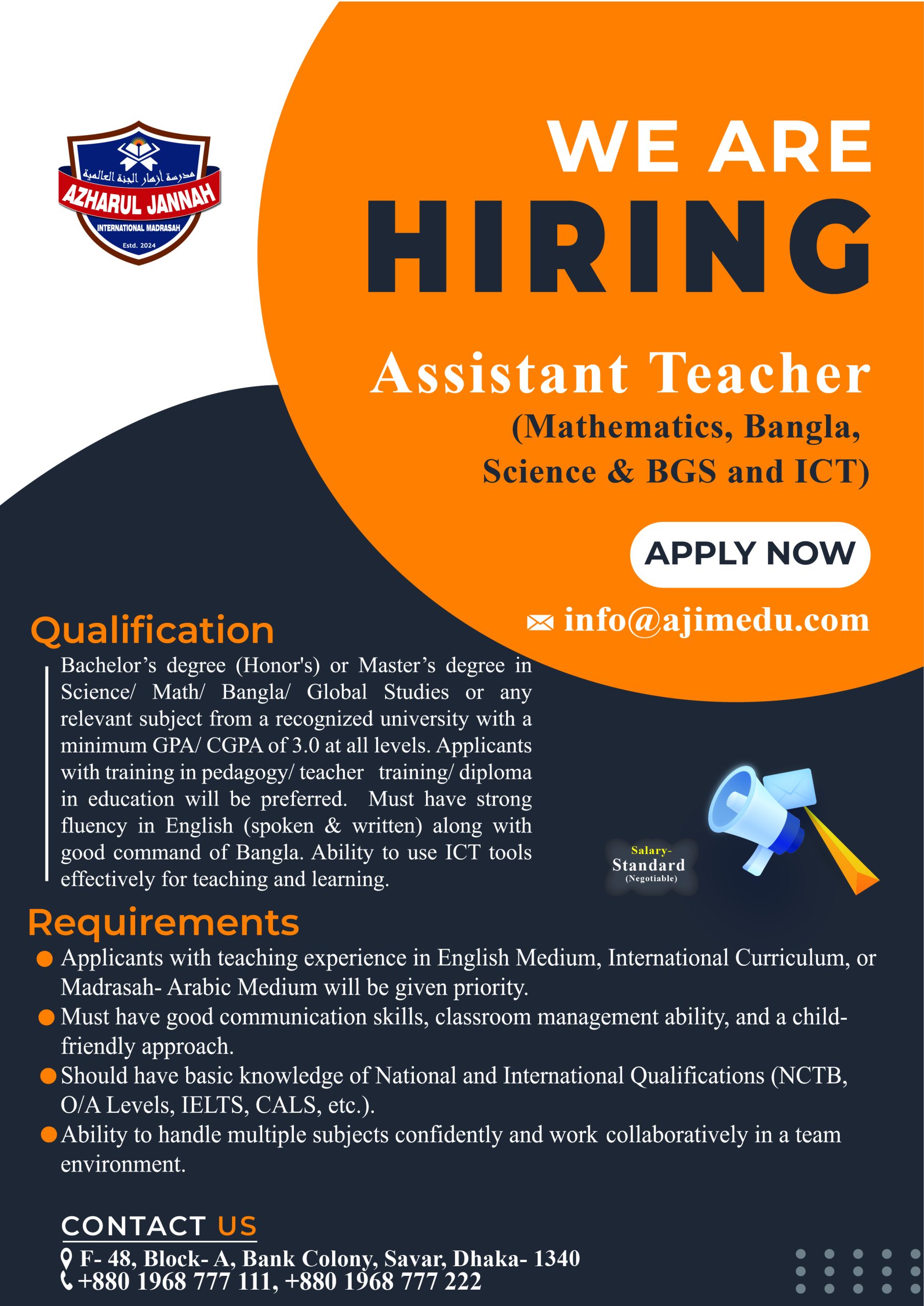 We are Hiring Assistant Teacher