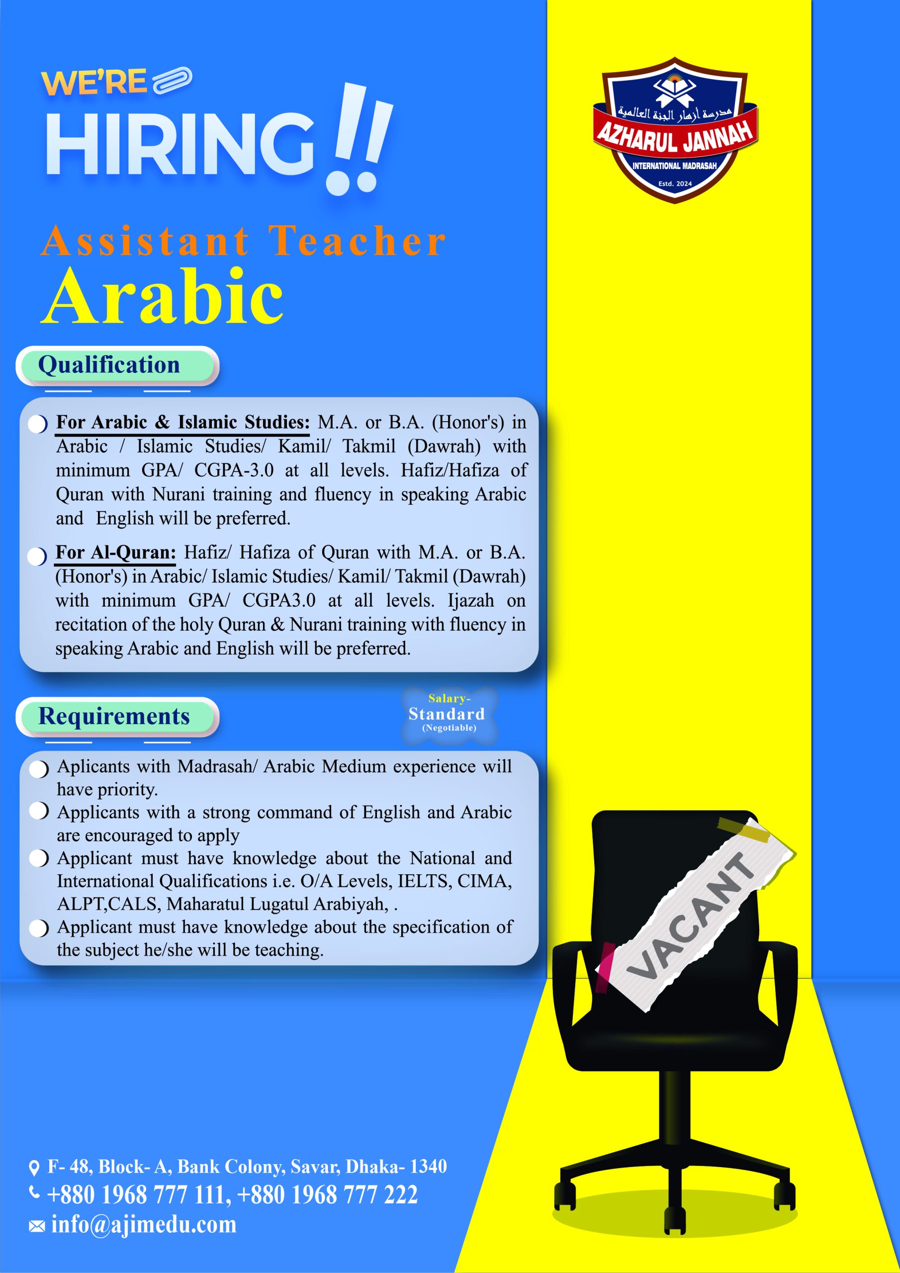 We are Hiring Arabic Teacher